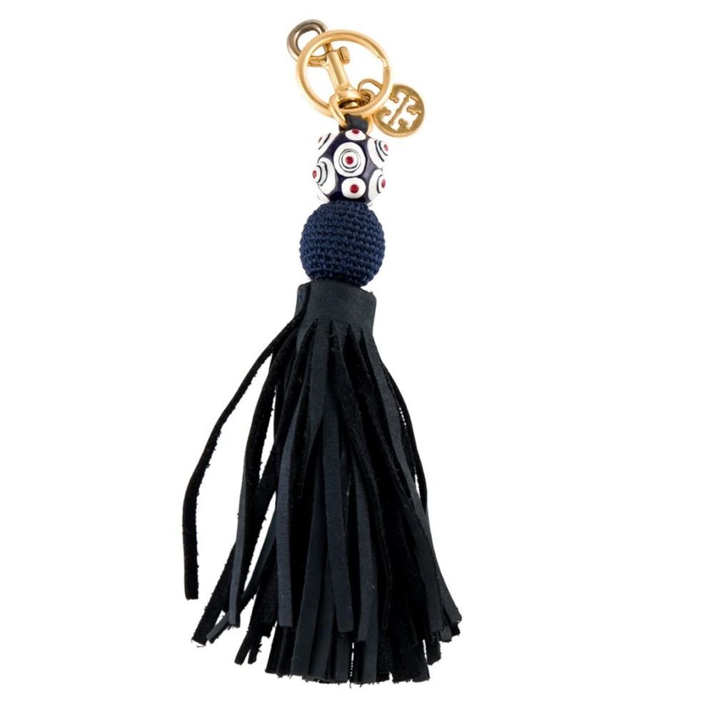 Tory Burch Black & Navy Blue Tassel Gold Tone Key Chain OS